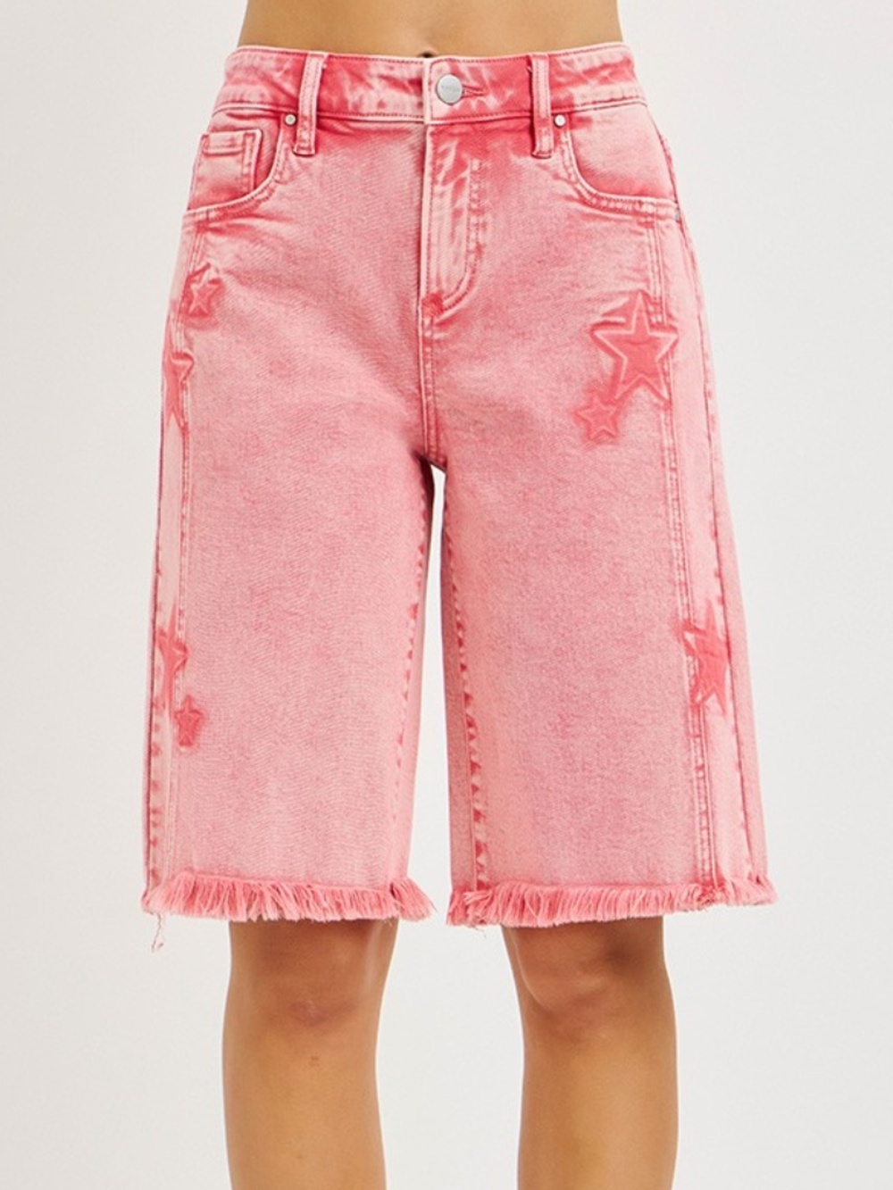 Risen Pink Star Print Frayed hem Mineral Wash Denim Jorts Shorts